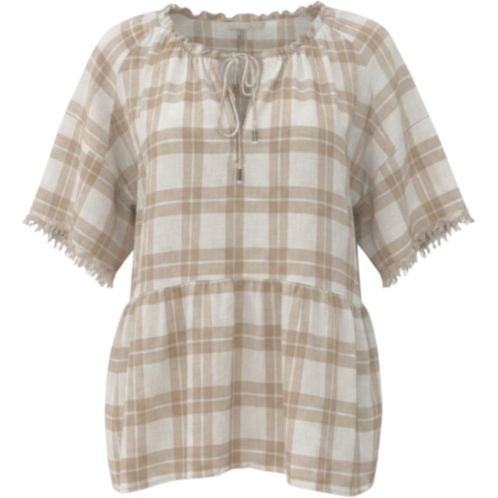 Pilcro Anthropologie Plaid Peplum Blouse Tan White Fringe Short Sleeve XL Boho
